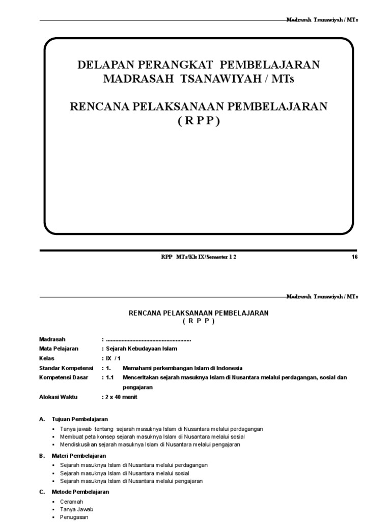 RPP Ski Kelas 9 MTs Kurikulum 2013 | PDF | Kajian Bahasa Asing | Sejarah