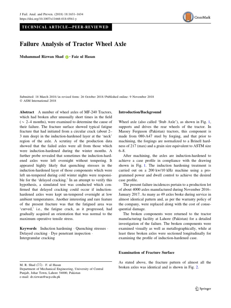 Failure Analysis of Tractor Wheel Axle TechnicalarticlePeerReviewed PDF Fracture