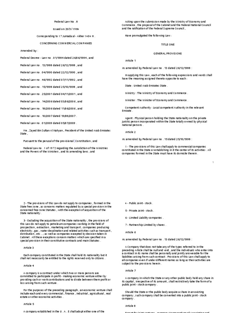 Federal Law No 8 of 1984 PDF Partnership Legal Liability