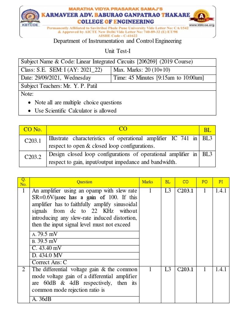 Linear Integrated Circuits Test 1 | PDF | Operational Amplifier | Amplifier