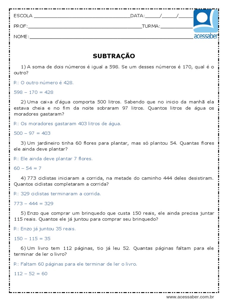 Atividade de Matematica Problemas de Subtracao Com Reserva 3 Ano e 4 ...
