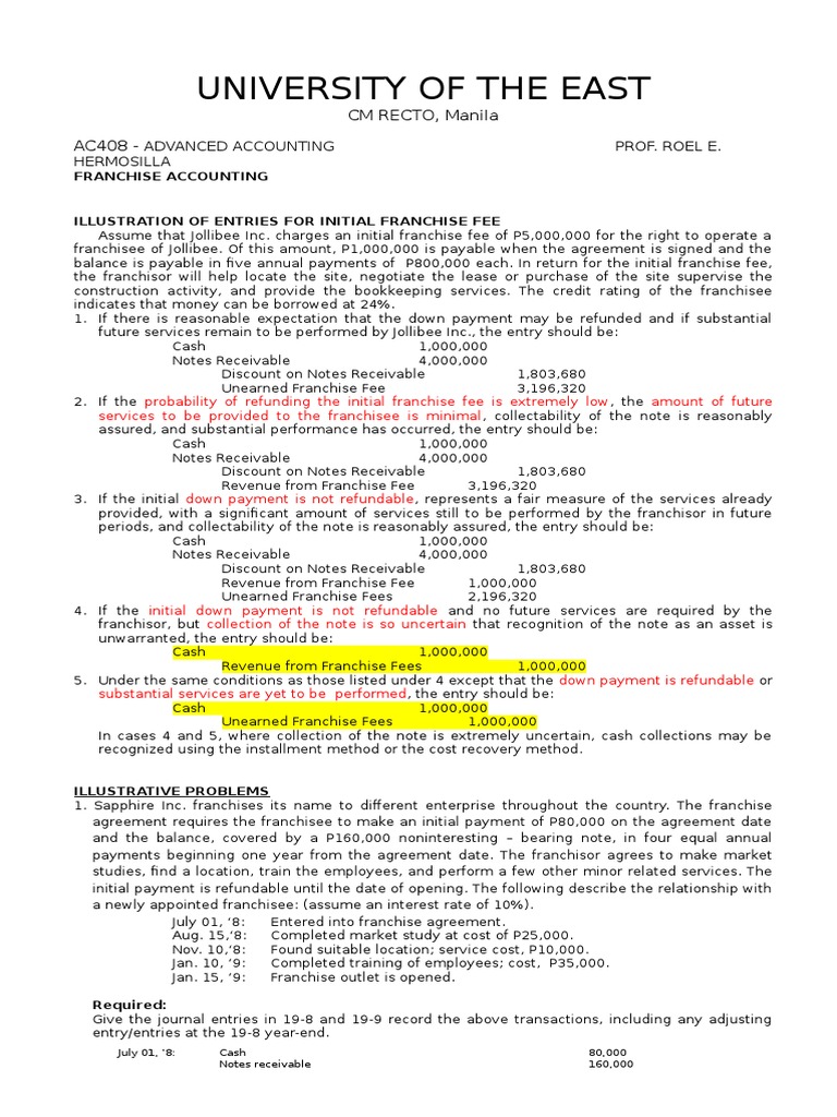 Franchise Accounting Journal Entries | PDF | Franchising | Interest