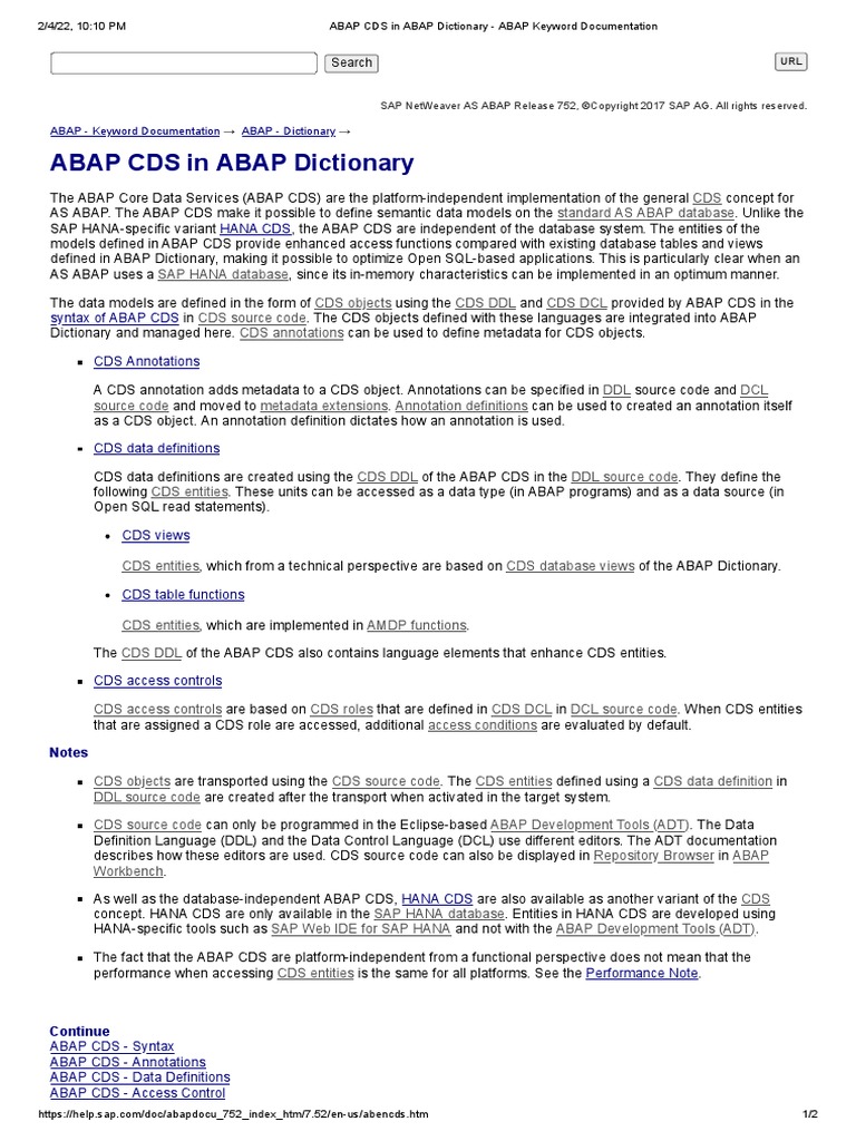 ABAP CDS in ABAP Dictionary ABAP Keyword Documentation PDF