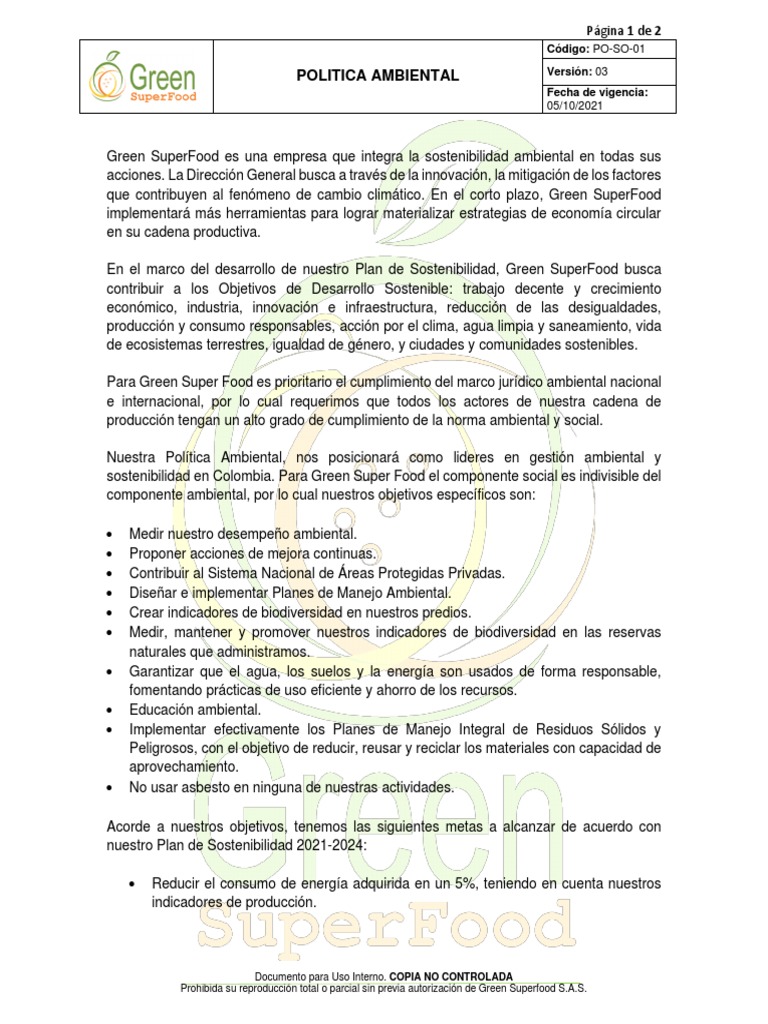 Politica Ambiental - GSF | PDF | Sustentabilidad | Desarrollo sostenible