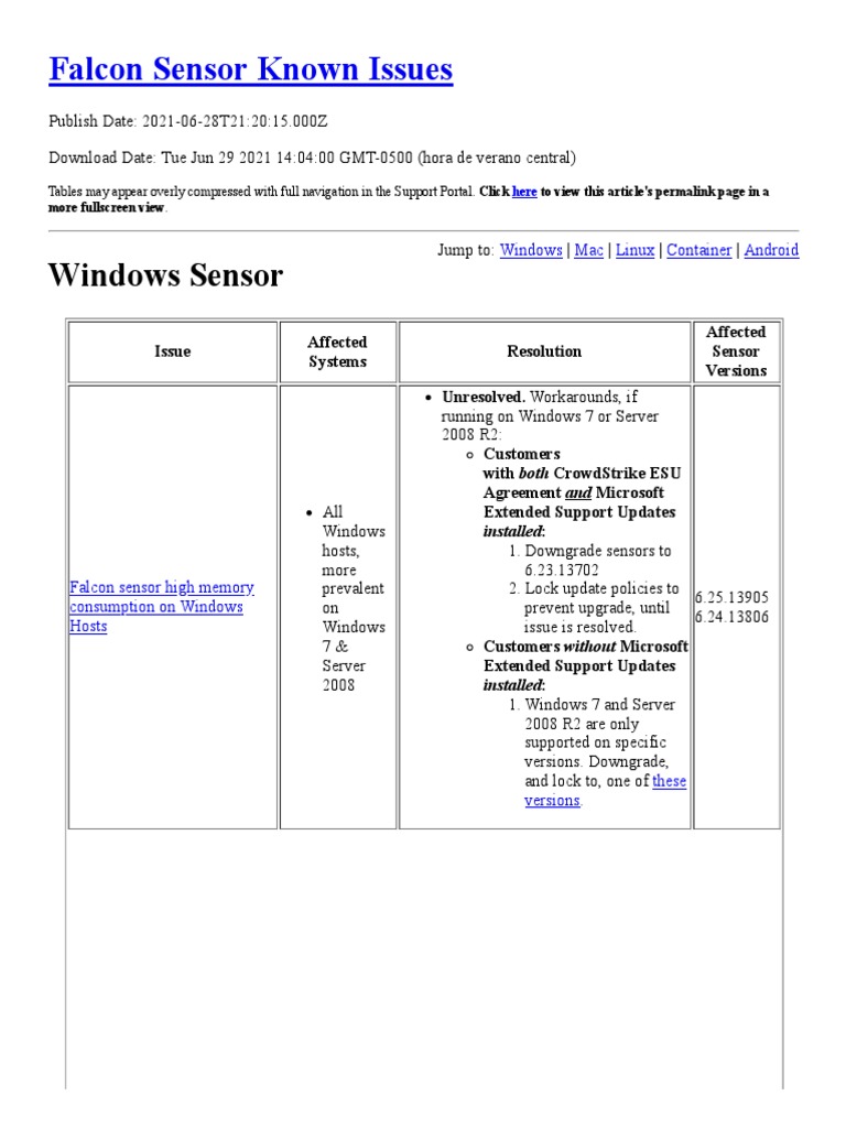 Falcon Sensor Known Issues PDF Microsoft Windows Mac Os