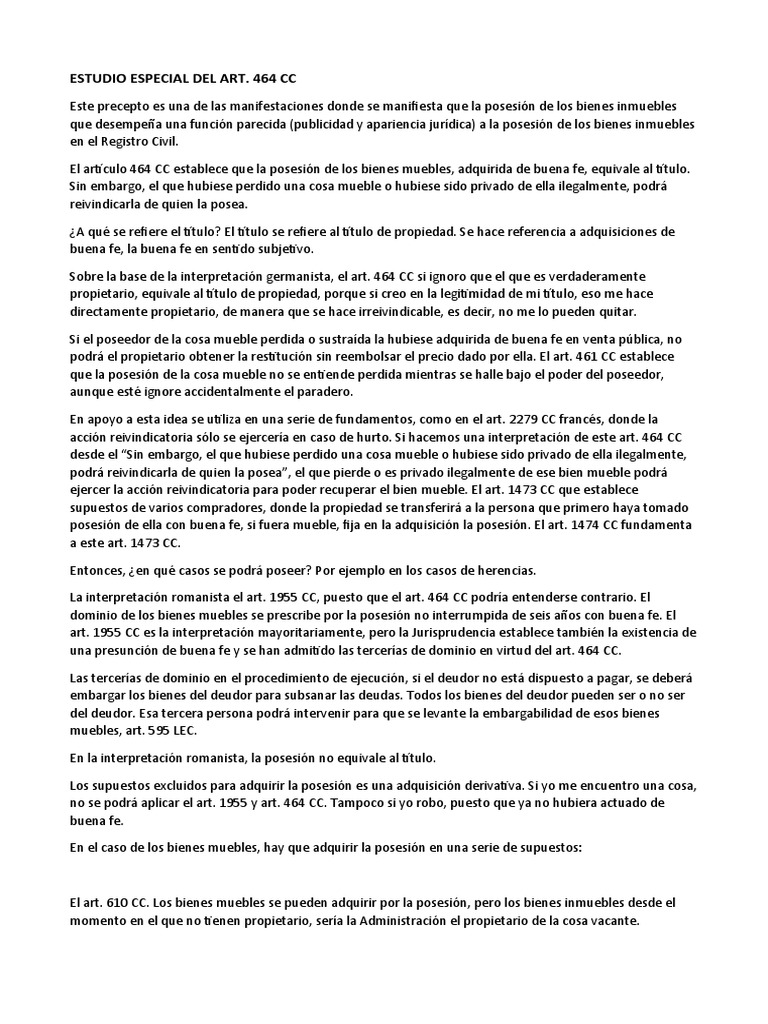 Análisis del Art. 464 CC sobre Posesión | PDF | Posesión (Ley) | Propiedad