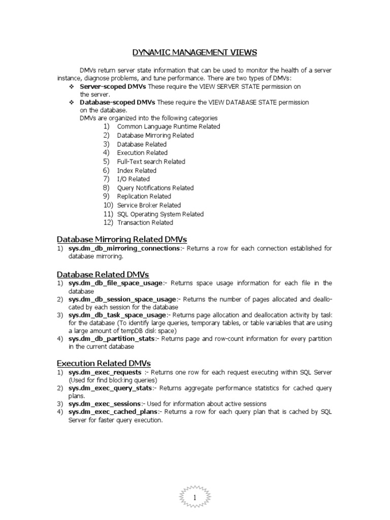 Dynamic Management Views PDF Microsoft Sql Server Databases