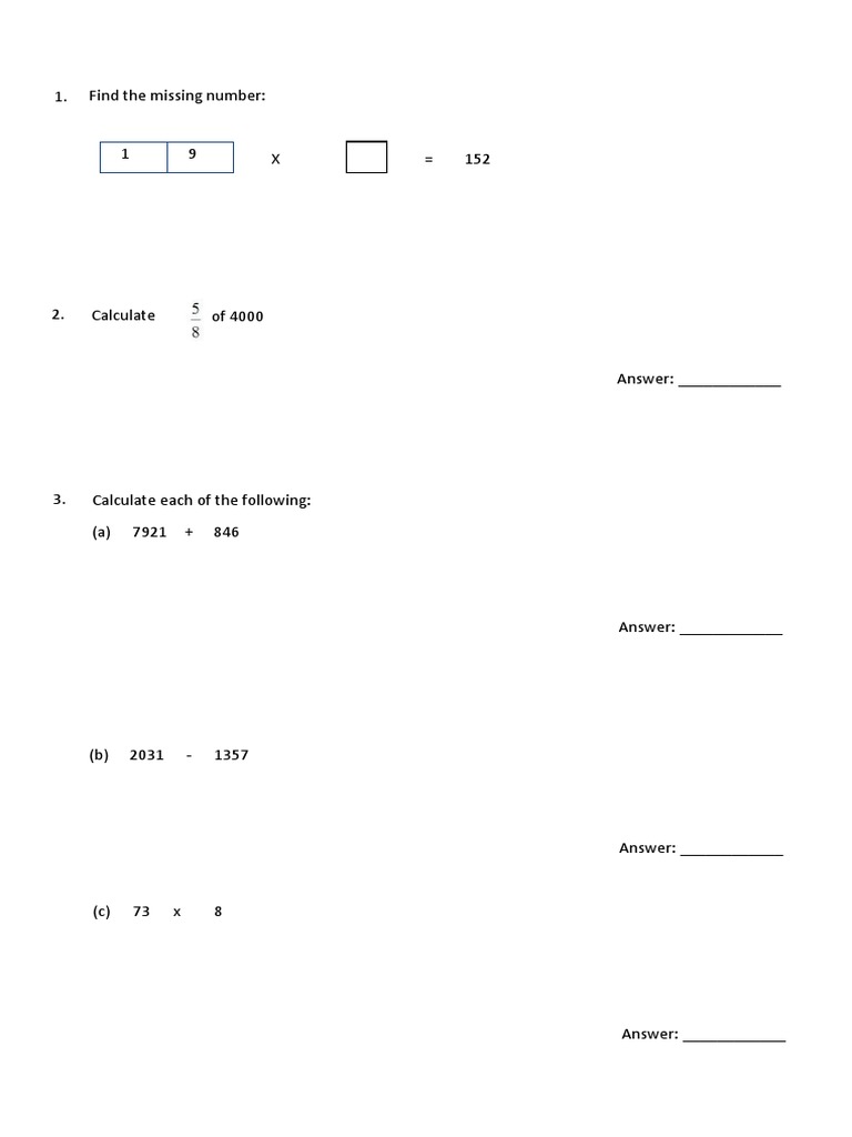 Class 4 Maths Questions with Answers | PDF | Arithmetic | Elementary ...