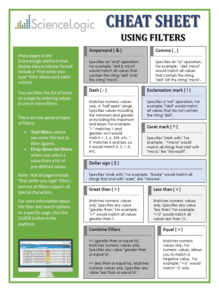 Sciencelogic Find While You Type Filter Cheat Sheet PDF Computing Information Technology