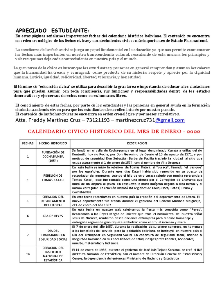 Calendario Plurinacional de Fechas Cívicas de Bolivia PDF Bolivia