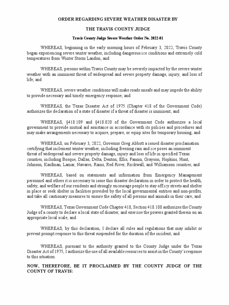 Travis County Declaration of Disaster | PDF | State Of Emergency ...
