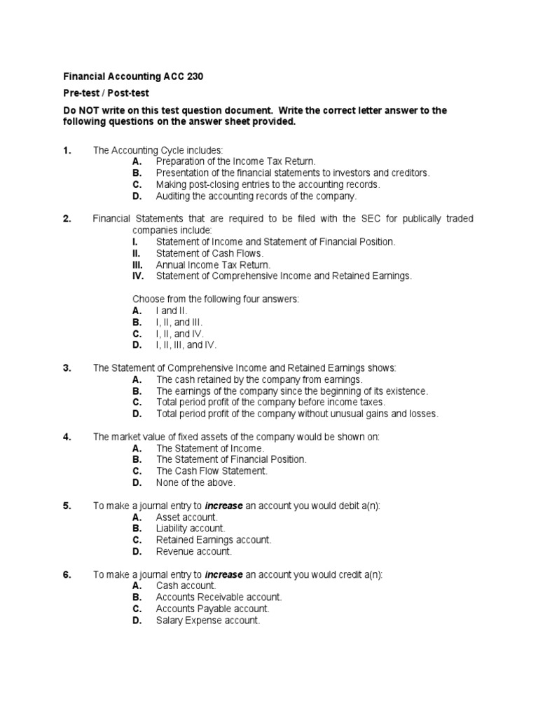 Financial Accounting ACC 230 Test Questions | PDF | Debits And Credits ...