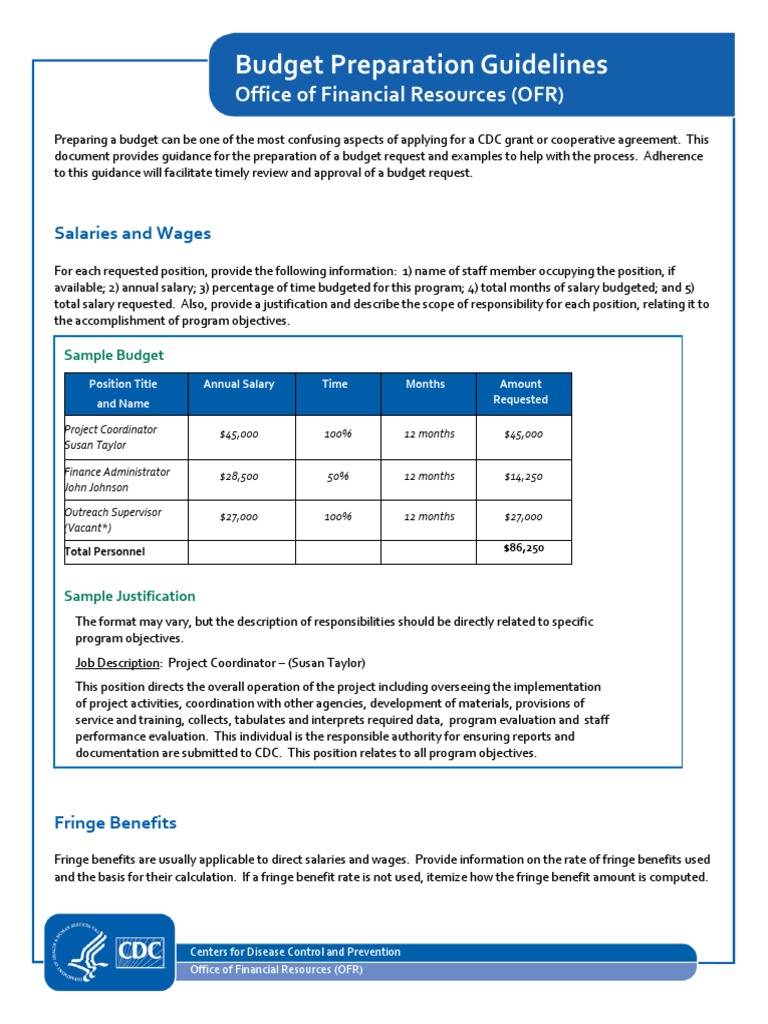 CDC Grant Budget Preparation Guide | PDF | Employee Benefits | Salary