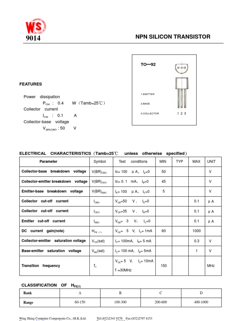 9014 Datasheet PDF Bipolar Junction Transistor Electronic Circuits