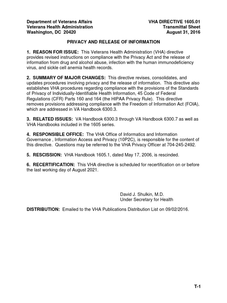 VHA Directive 1605.01 Privacy and Release of Information PDF Health