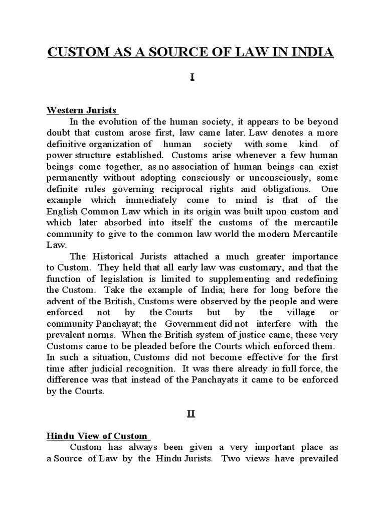 Custom As A Source of Law in India PDF Justice Crime & Violence