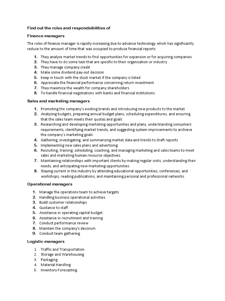 Roles and Responsibilities of Managers | PDF | Marketing | Sales