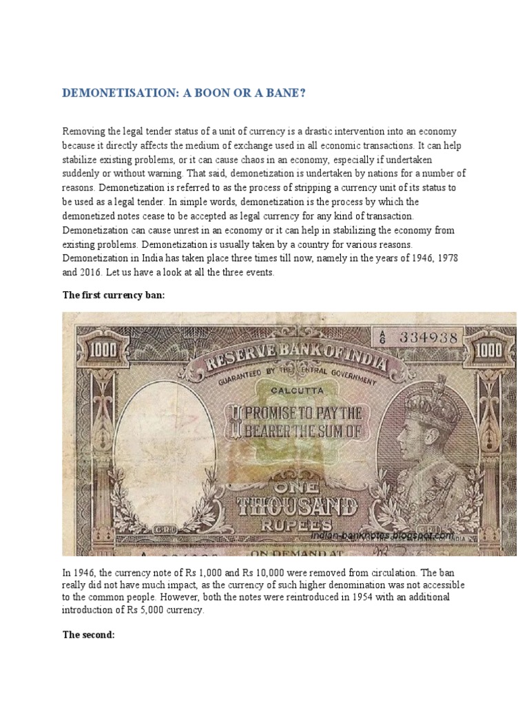DEMONETISATION A Boon or A Bane | PDF | Legal Tender | Indian Black Money