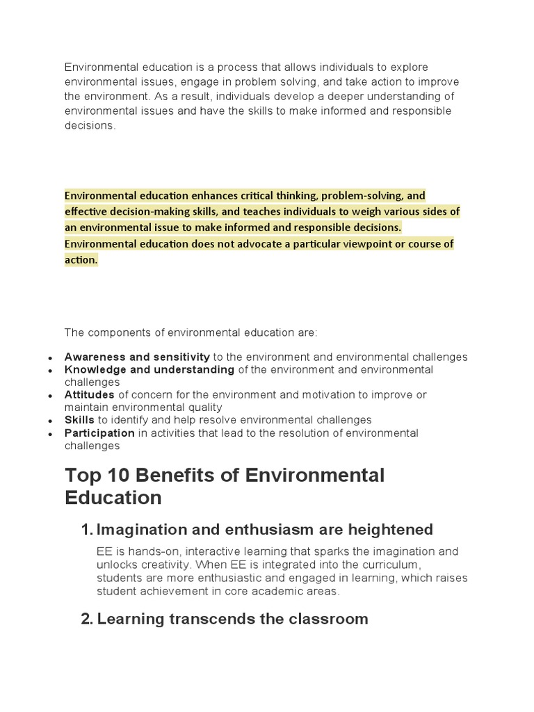 Top 10 Benefits of Environmental Education | PDF | Transmission ...