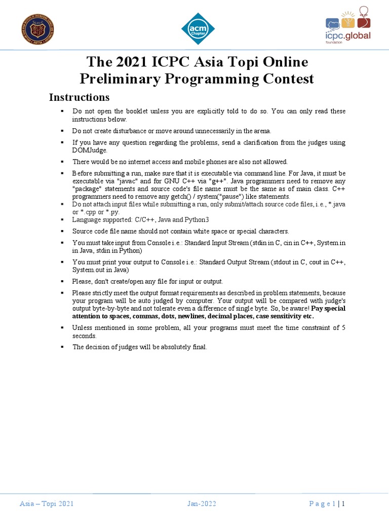 The 2021 ICPC Asia Topi Online Preliminary Programming Contest | PDF