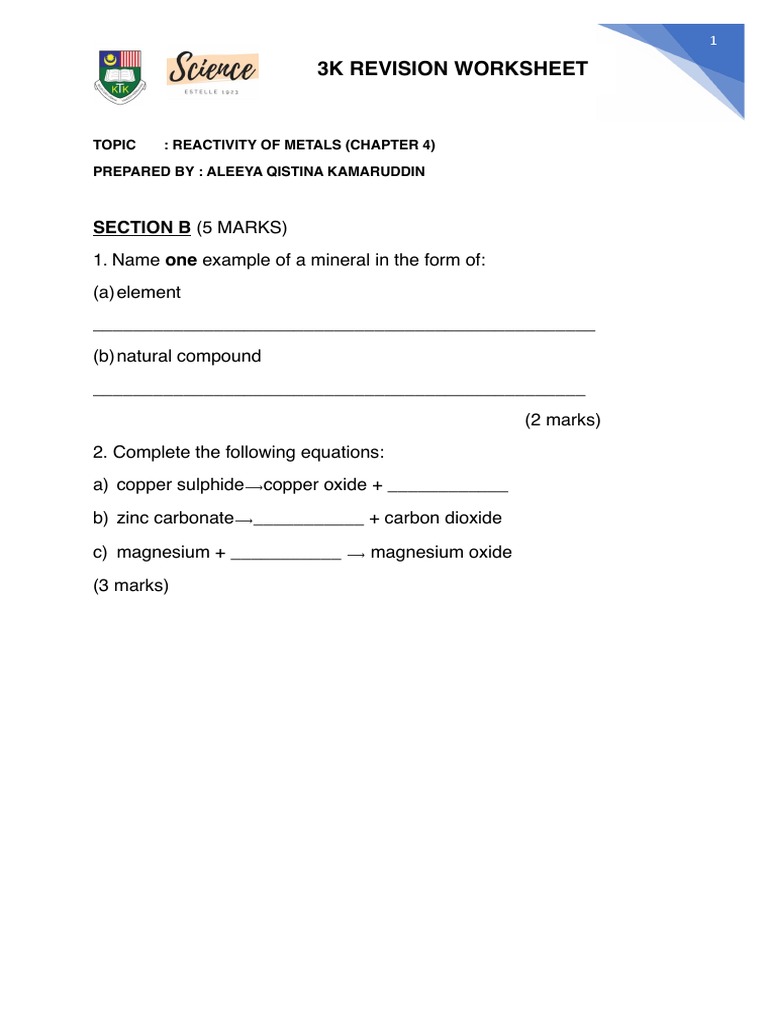 3K Revision Worksheet: Section B (5 Marks) | PDF | Oxide | Chemical ...