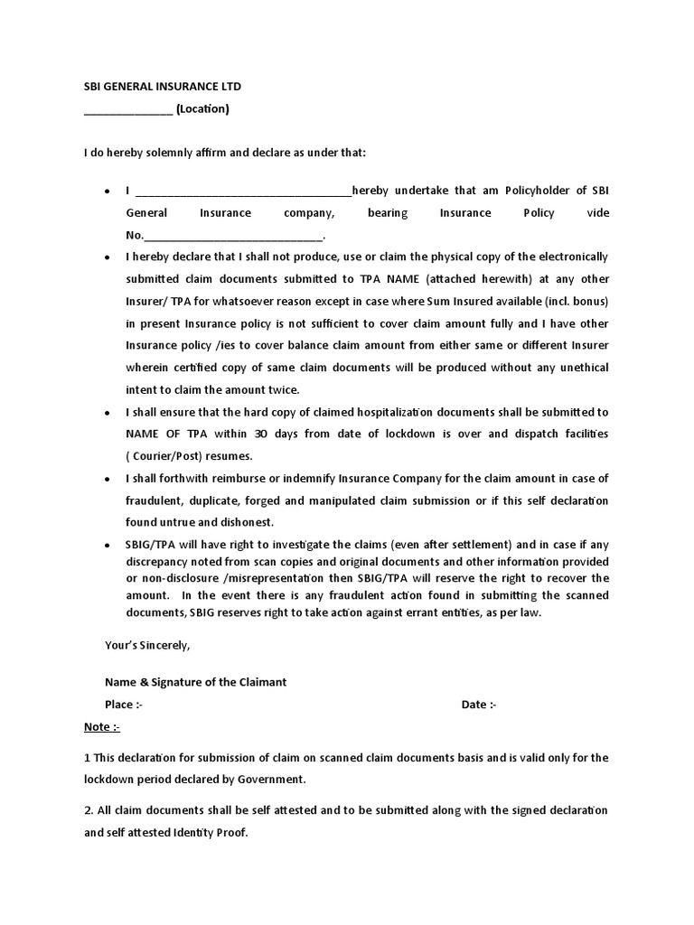 Self-Declaration For Claim Submission On Soft Copies SBIGI | PDF
