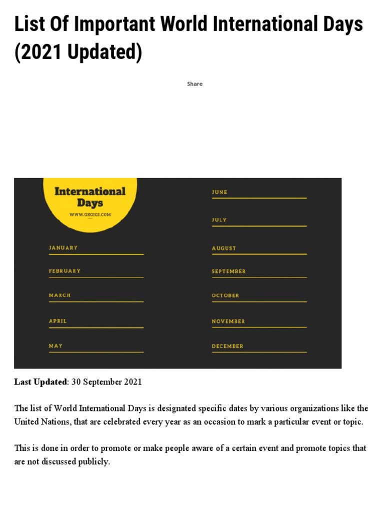 List of Important World International Days PDF Violence United