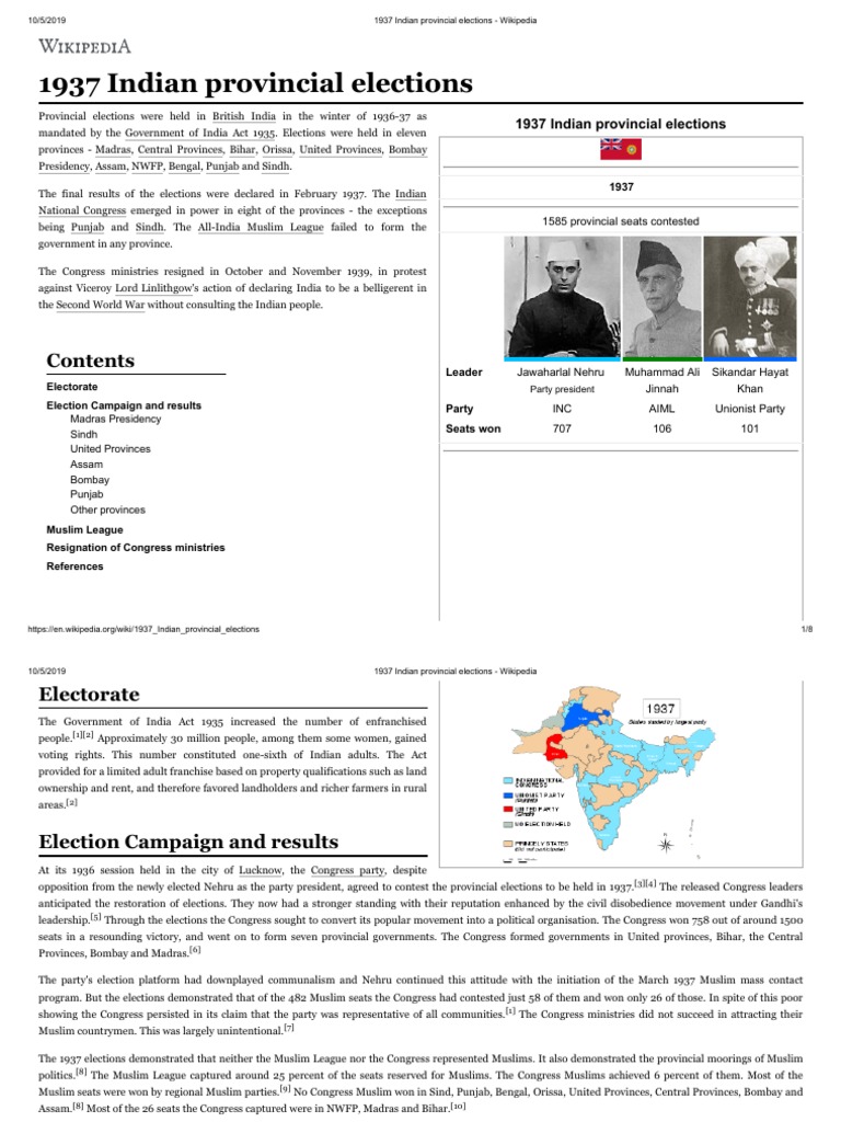 1937 Indian Provincial Elections Wikipedia PDF Pakistan India