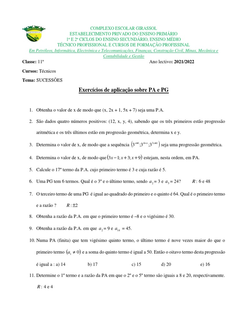 Exercícios de PA e PG para Estudantes | PDF | Triângulo | Sequência