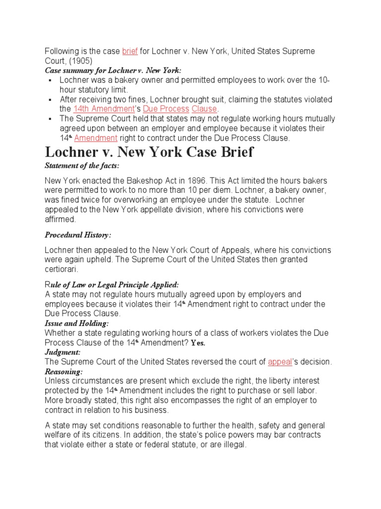 Lochner vs new york case brief pdf fourteenth amendment to the