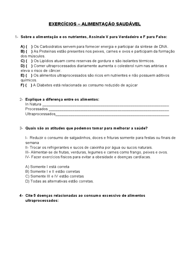 Exercícios sobre Alimentação Saudável | PDF