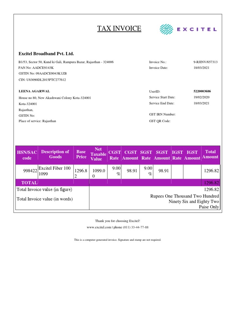 Tax Invoice: Excitel Broadband Pvt. LTD | PDF | Taxes | Payments