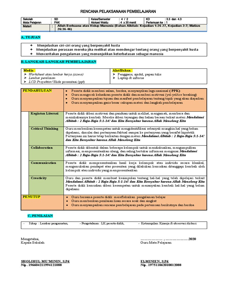 RPP 1 Lembar Pak & BP Kelas 4 Semester 2 | PDF