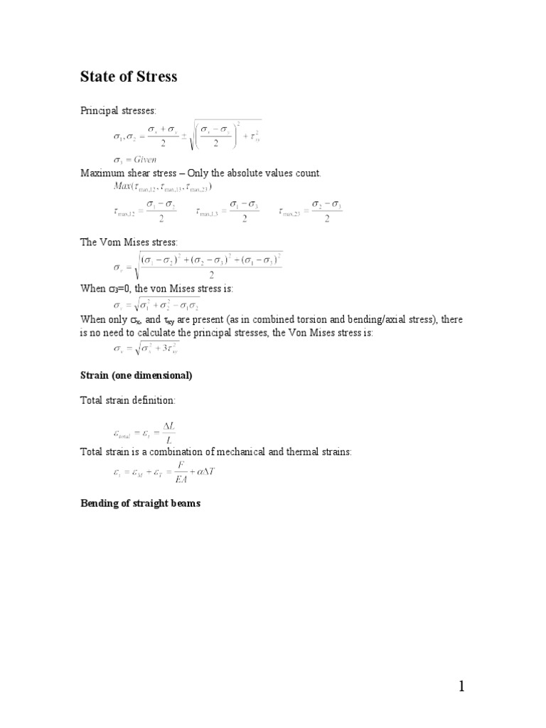 Strength of Materials Equations PDF Bending Stress (Mechanics)