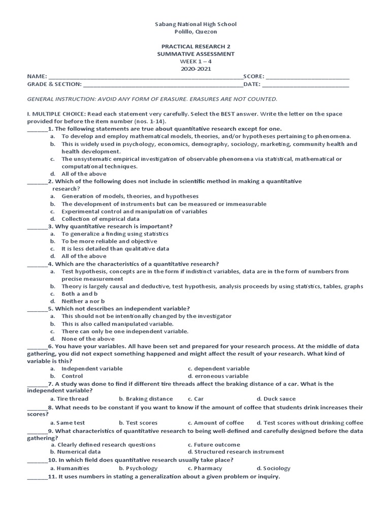 Summative Test Week 1 - 4 Practical Research 2 | PDF | Quantitative ...
