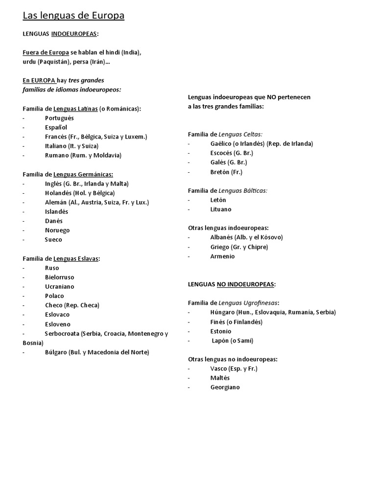 Esquema de Los Idiomas de Europa | PDF | Estudios de idiomas extranjeros