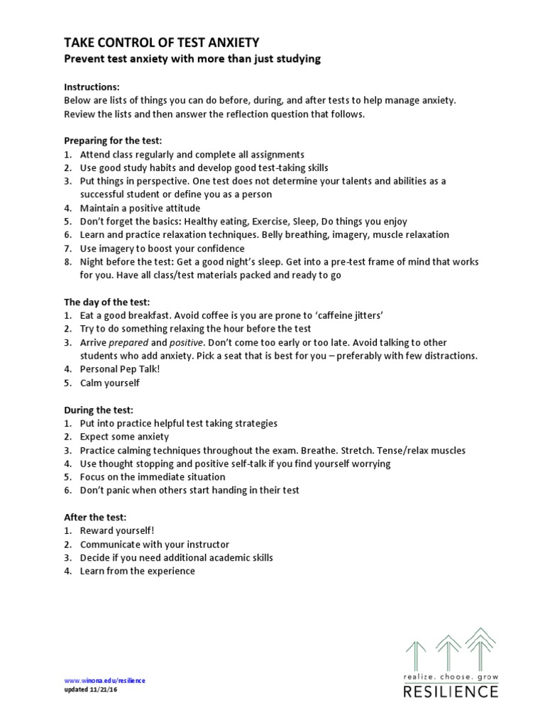 Take Control of Test Anxiety Worksheet PDF Anxiety Relaxation