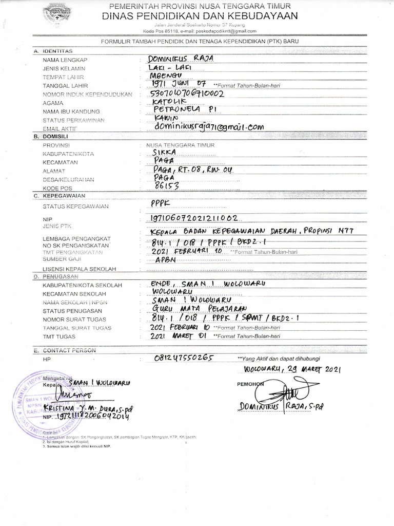 Formulir Pendaftaran PTK Baru | PDF