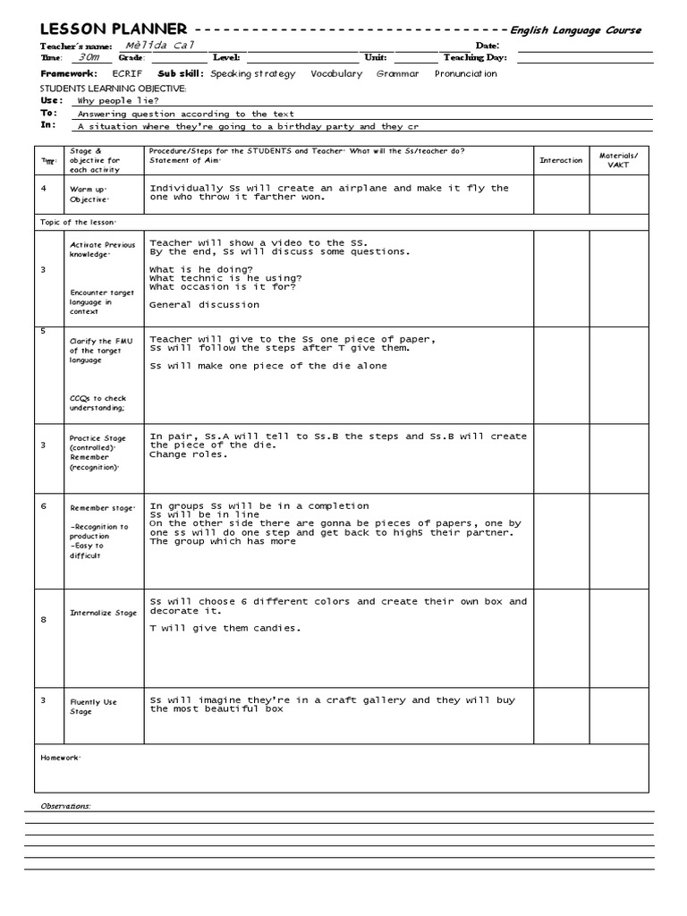 Ppp Ecrif Lesson Plans Pdf Teachers Lesson Plan