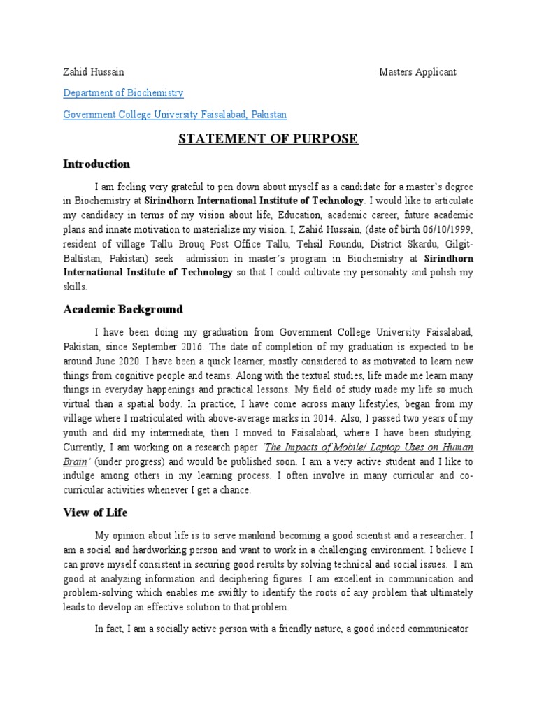Master's Applicant Statement of Purpose | PDF | Molecular Biology | Biology