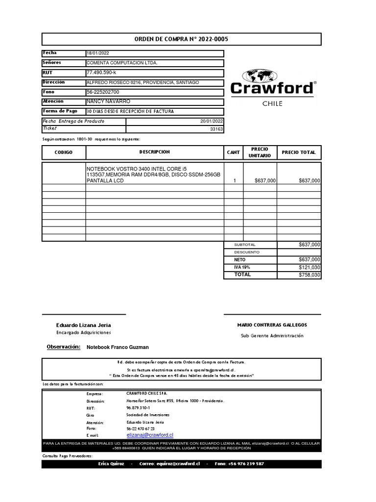 Orden de Compra Notebook Crawford 2022 | PDF | Hardware de la ...