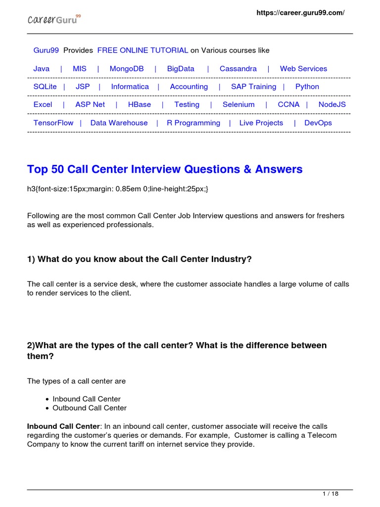 Top Call Center Interview Questions | PDF | Customer Relationship ...
