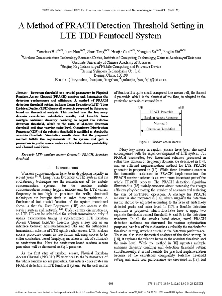 A Method of PRACH Detection Threshold Setting in LTE TDD Femtocell ...