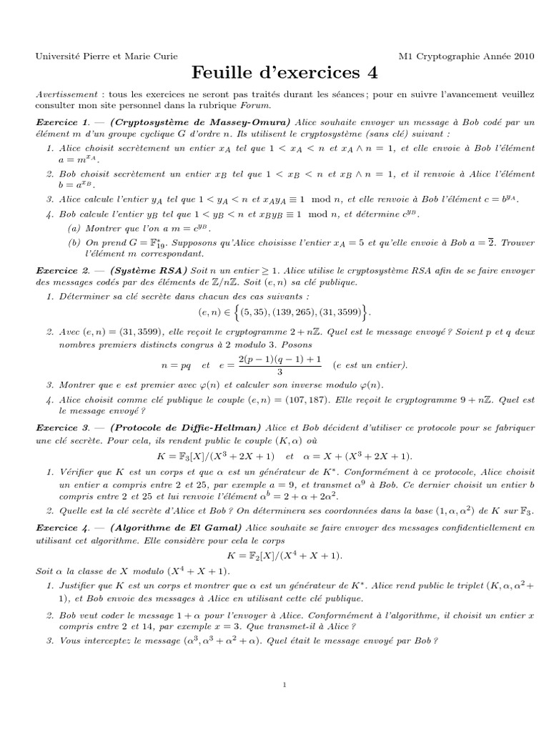 Exercices de Cryptographie et Algorithmes | PDF | Public-key ...