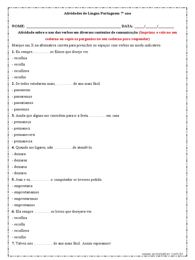 Atividades de Verbos para 7º Ano | PDF | Linguística
