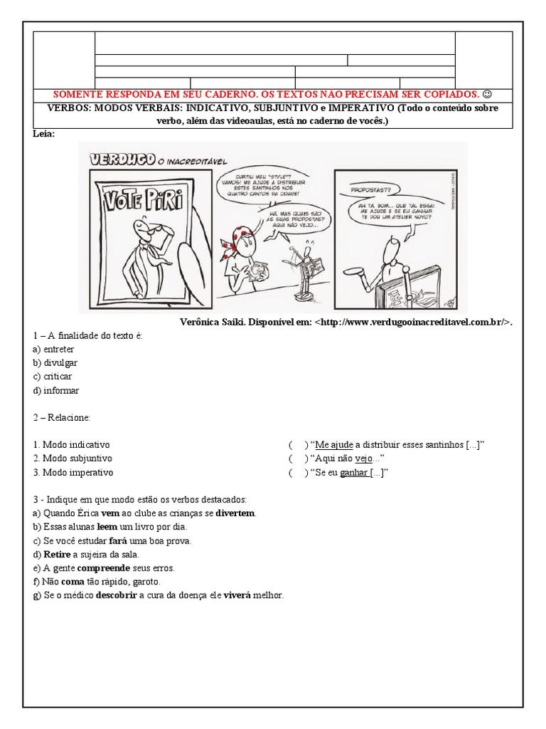 Atividades sobre Modos Verbais 7º Ano | PDF