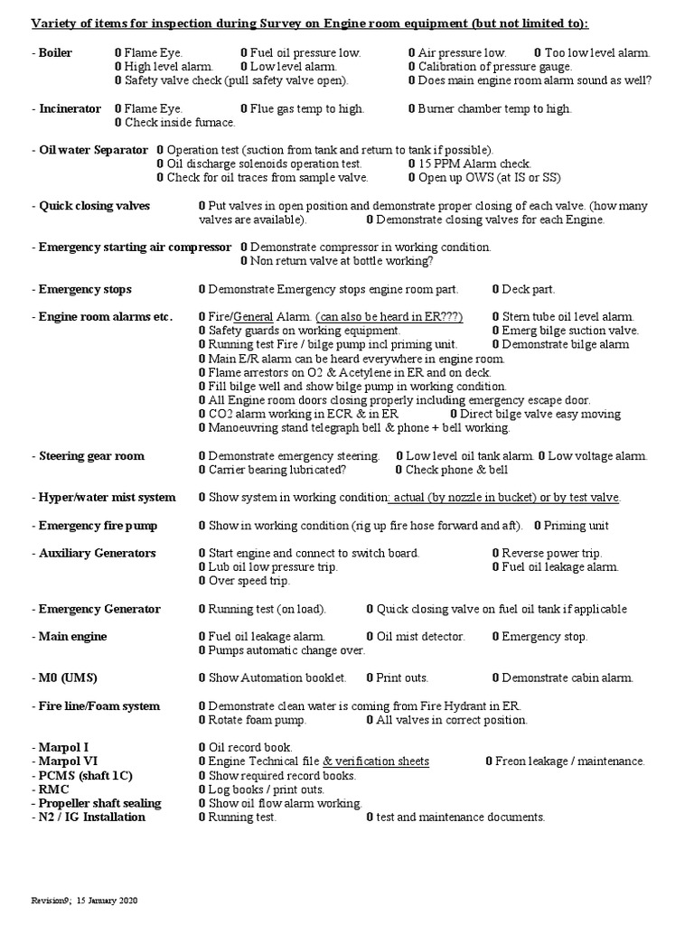 Engine Room Inspection Checklist | PDF | Pump | Valve