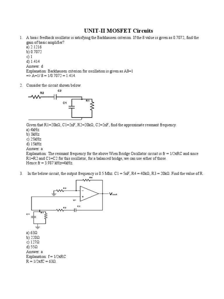 Electronic Circuits Unit 2 MCQ PDF Amplifier Cmos
