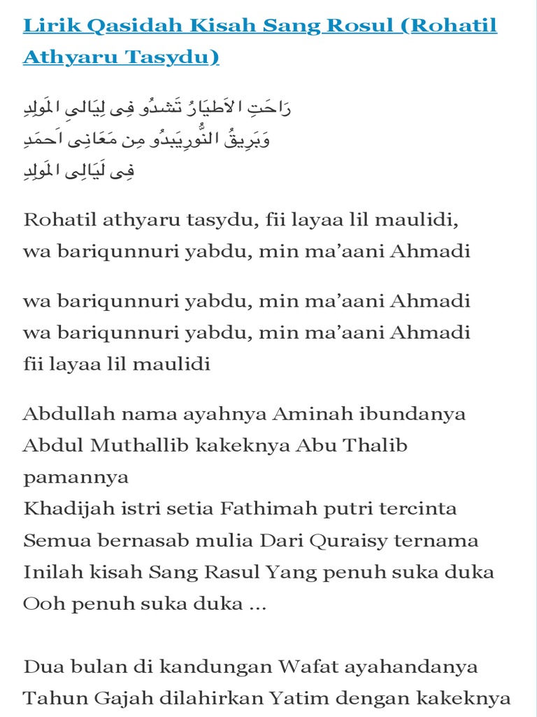 Lirik Qasidah Kisah Sang Rosul (Rohatil Athyaru Tasydu) - Blog Pecinta