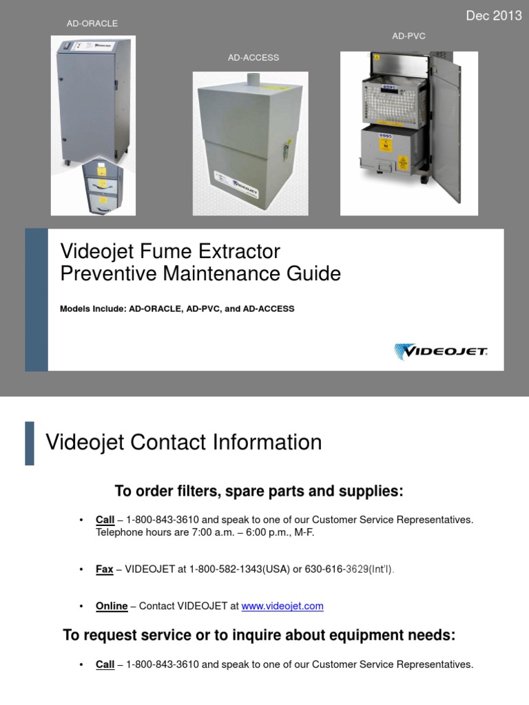 Videojet Fume Extractor Preventive Maintenance Guide: Ad-Oracle Ad-Pvc ...